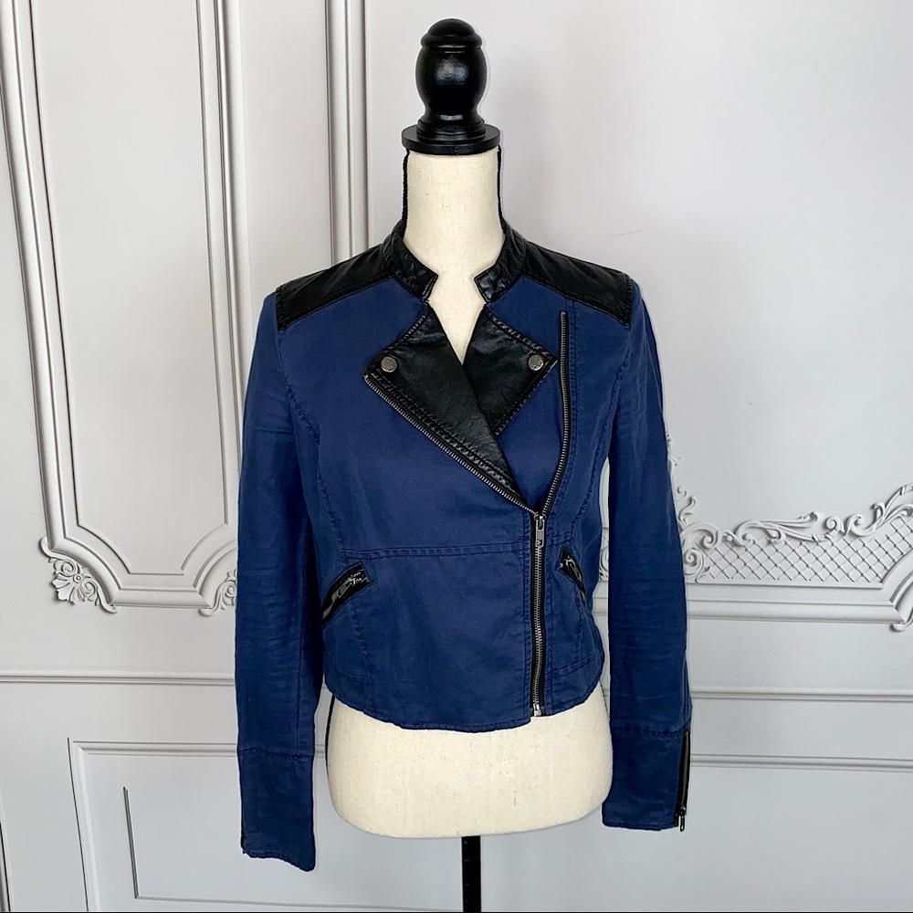 Free People Navy Blue & Black Leather Jacket | Size 2